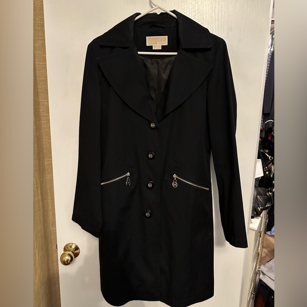 Michael Kors 3/4 Length Black Raincoat with Silver Accents - Size SP